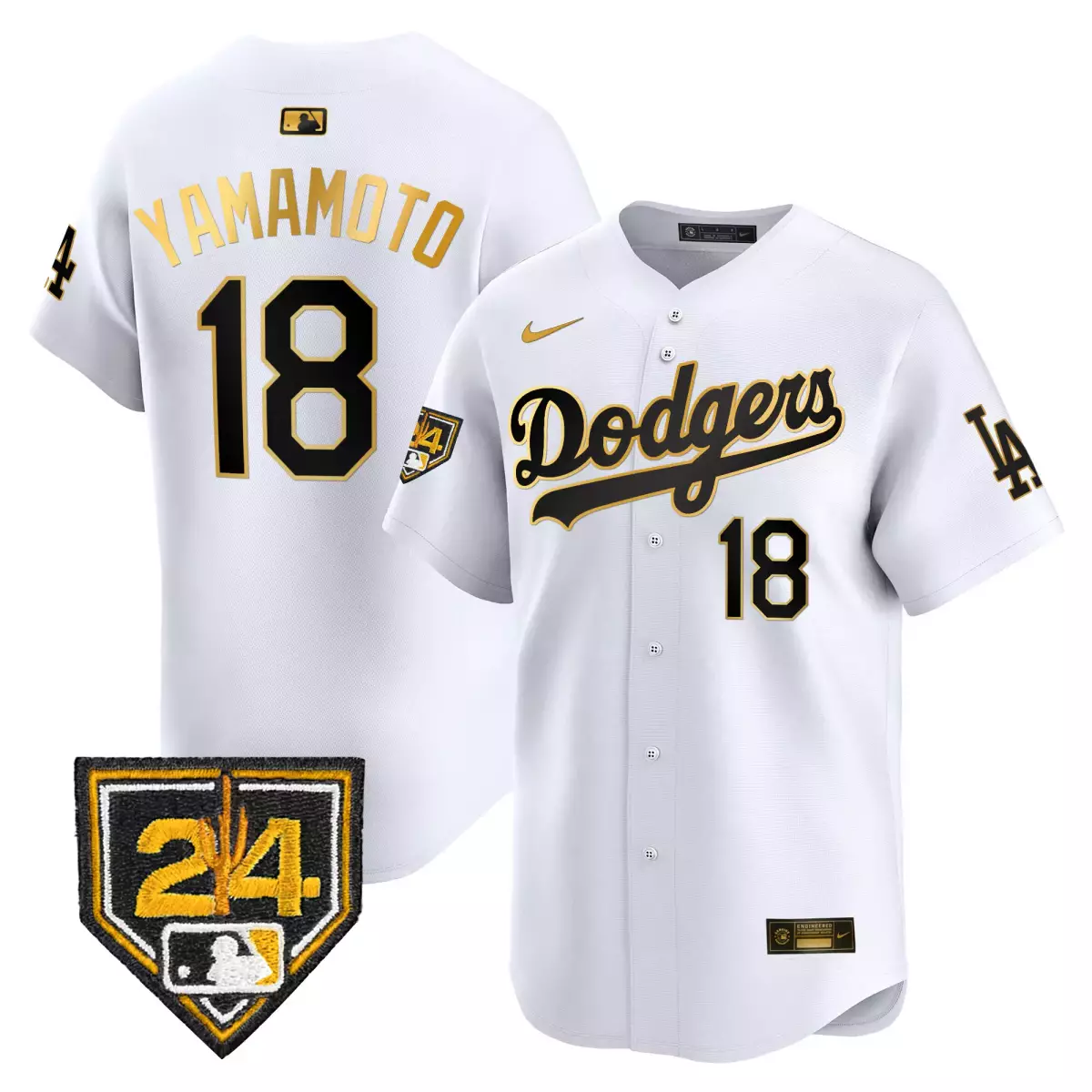 Yamamoto Dodgers 2024 White Gold Jersey | Spring Training Patch Vapor Premier Limited Edition | Fan Gear for Men, Women & Youth