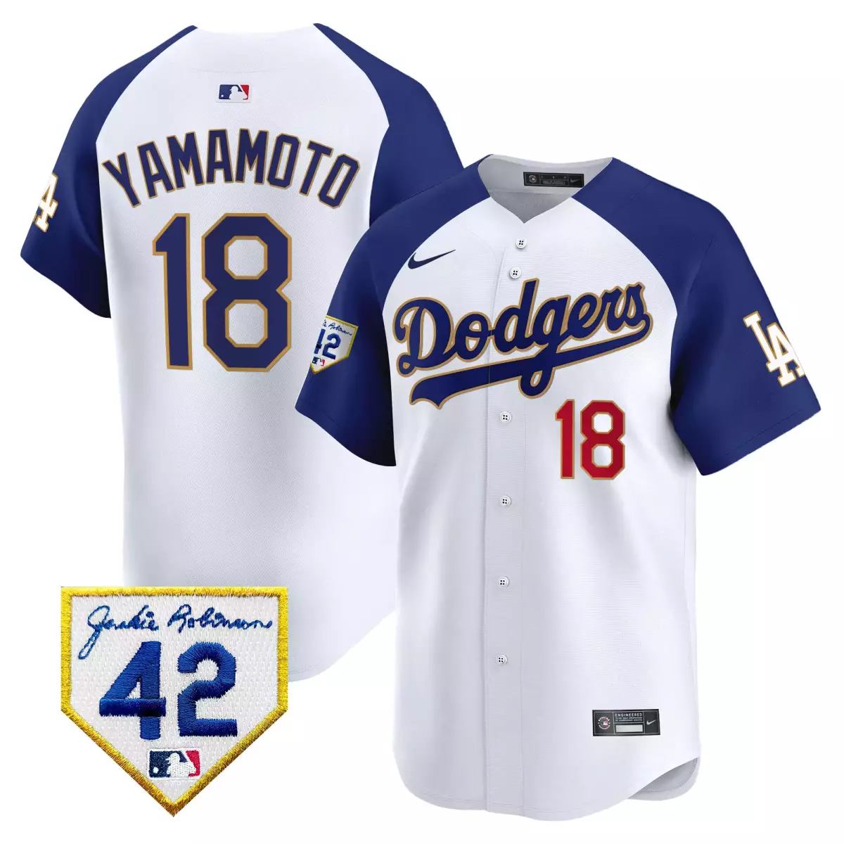 Yamamoto Dodgers 2024 White Jersey | Jackie Robinson Patch | Premier Limited Edition Fan Gear | For Men, Women & Youth