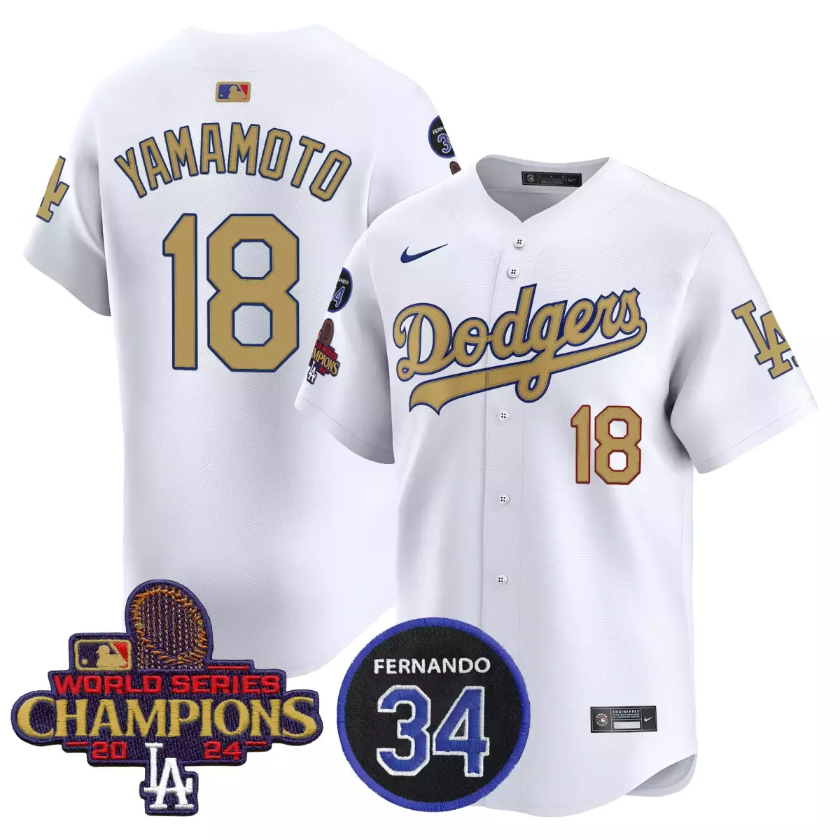 Yamamoto Dodgers 2025 White Jersey | Fernando Patch Gold | Premier Limited Edition Fan Gear | For Men, Women & Youth
