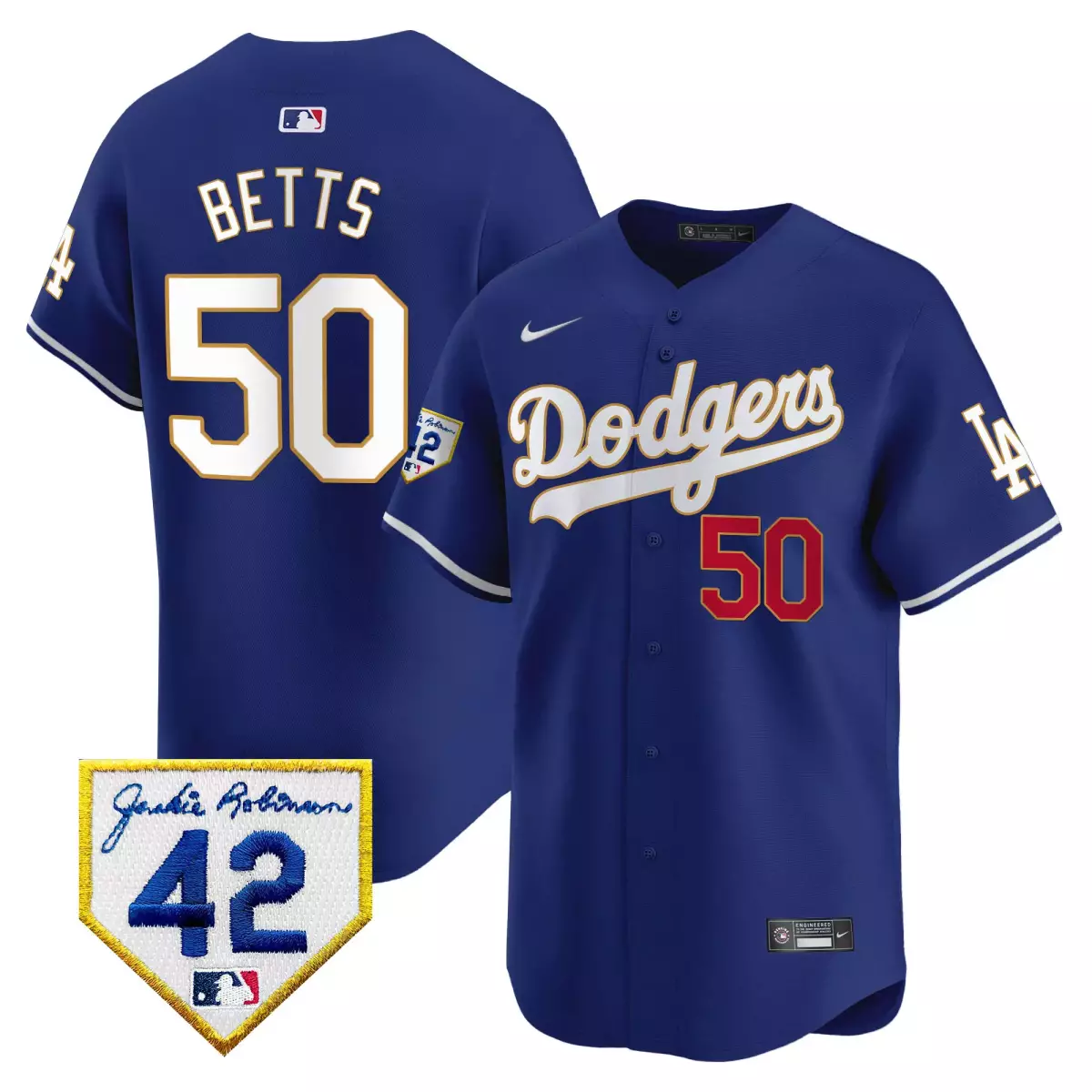 Betts Los Angeles Dodgers 2024 Navy Jersey | Jackie Robinson Patch Limited Edition Premier Gear | For Men, Women & Youth