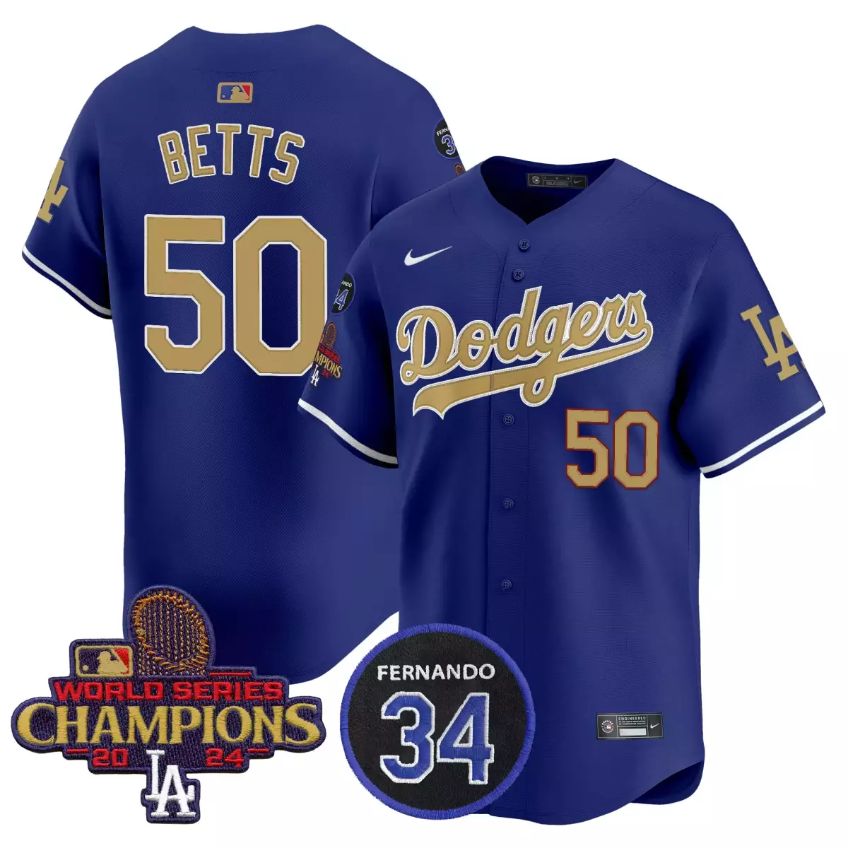 Betts Los Angeles Dodgers 2025 Navy Jersey | 34 Fernando Patch Gold Limited Edition Premier Gear | For Men, Women & Youth