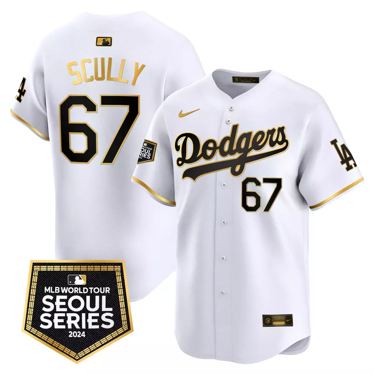 2024 Dodgers Scully White Gold Jersey | World Tour Seoul Series Patch | Limited Edition for Men, Women & Youth