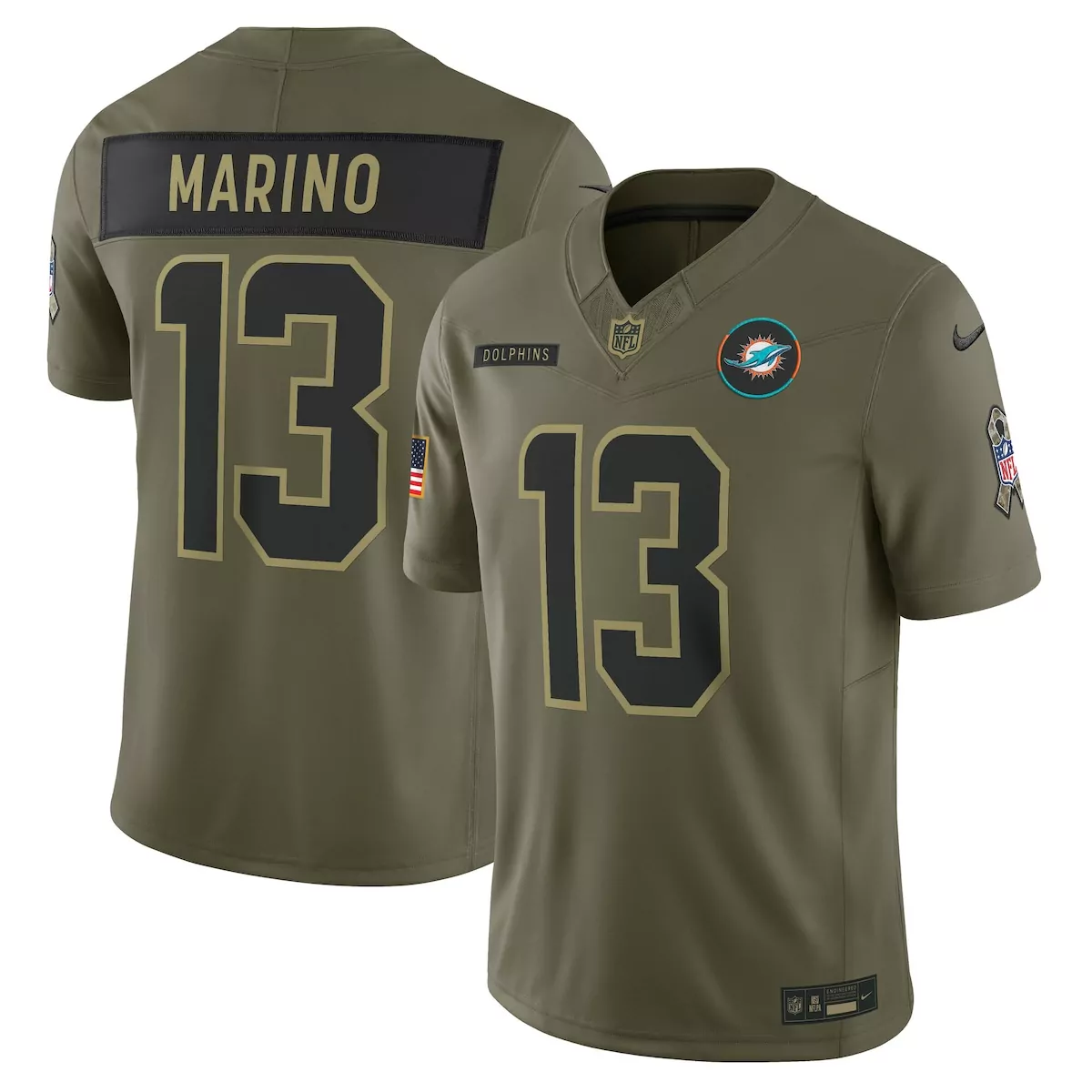 Miami Dolphins Dan Marino Olive 2025 Salute to Service Retired Limited Jersey | Special Edition Fan Gear | For Men, Women & Youth
