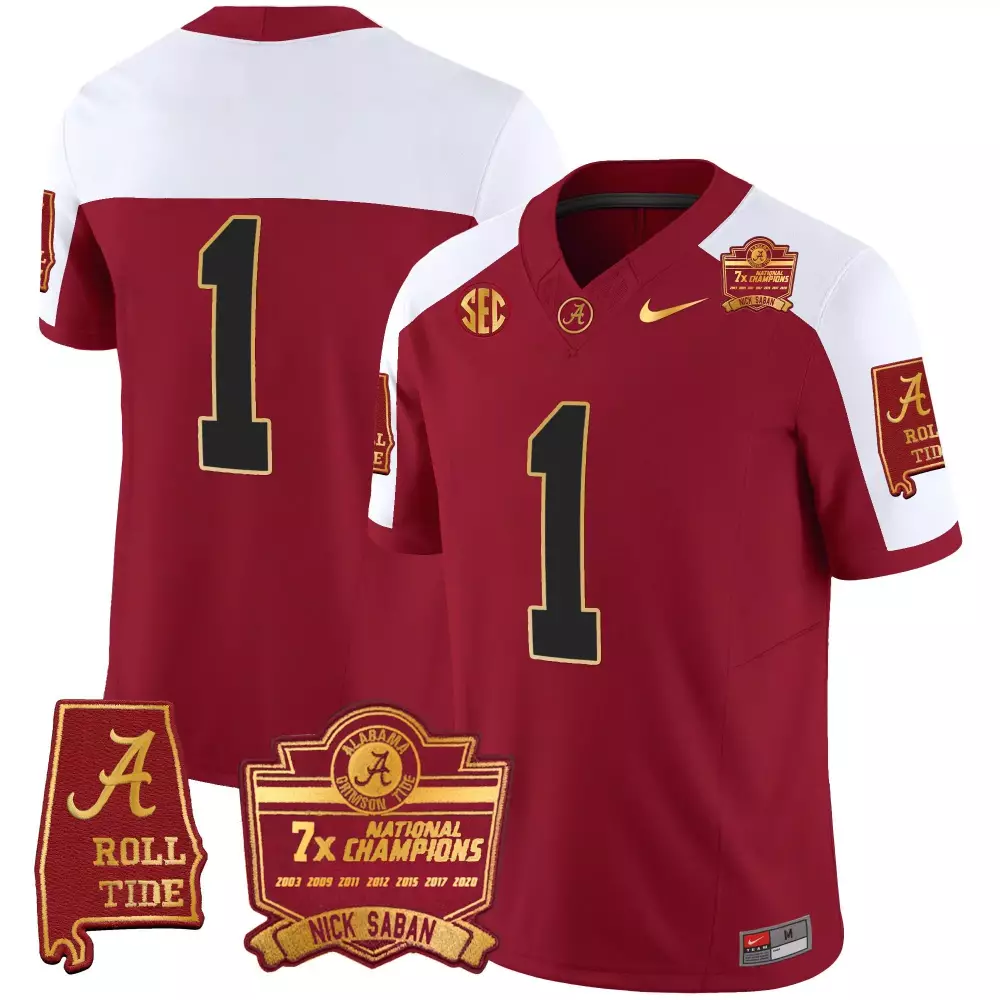 Nick Saban Alabama Crimson Tide Youths 7x Champions Patch Jersey | Stitched Gold Trim | Replica Fan Gear | For Men, Women & Youth