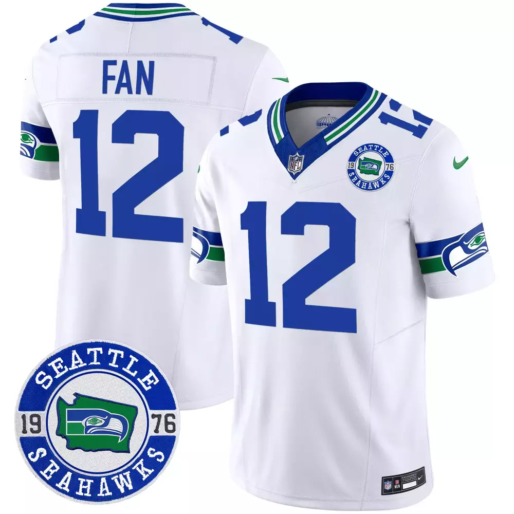 Seattle Seahawks 12th Fan White Men's Throwback EST 1976 Patch Vapor Limited Jersey | All Stitched | Fan Gear | For Men, Women & Youth
