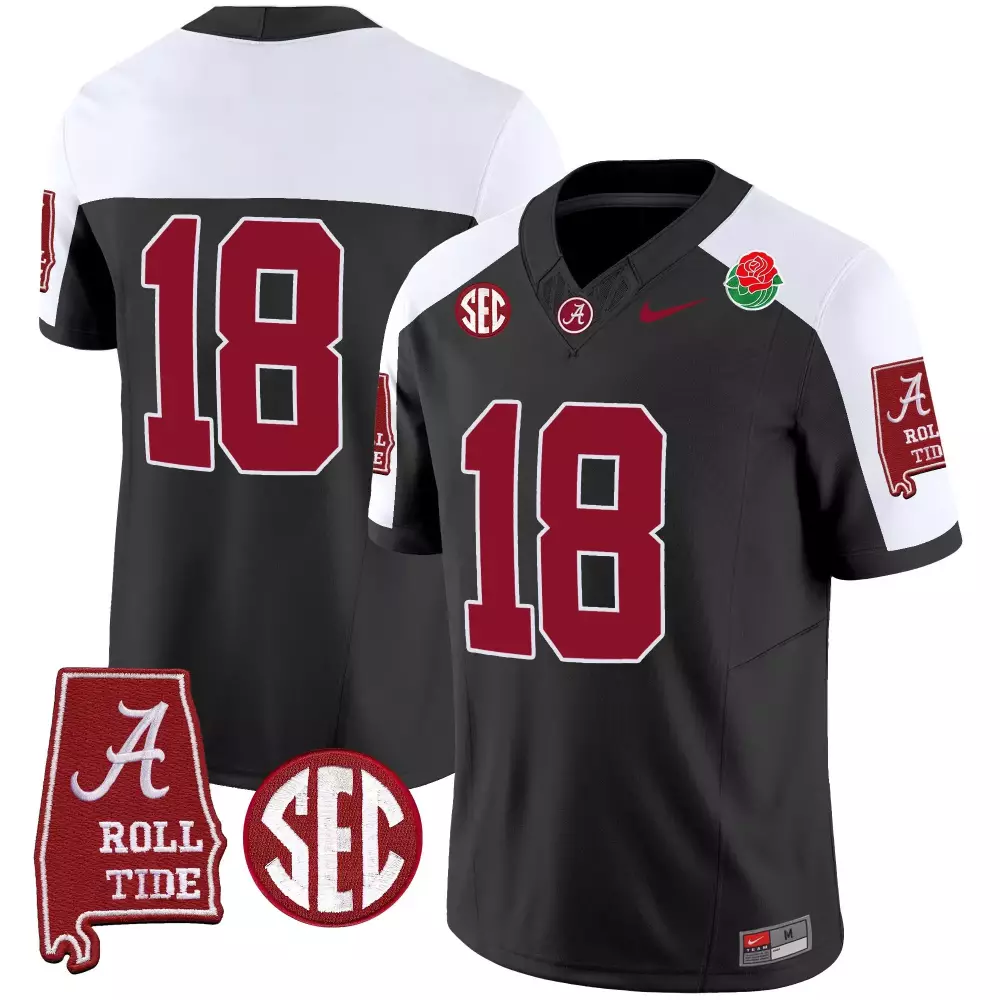 18 Champs Black Alternate Alabama Crimson Tide Rose Bowl Patch Vapor Jersey | All Stitched | Fan Gear for All | For Men, Women & Youth