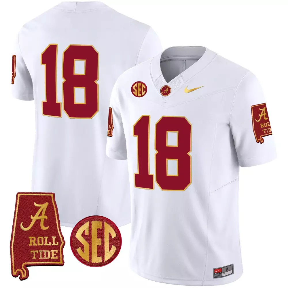 Alabama Crimson Tide 2018 Champs White Gold Trim Vapor Jersey V2 | Crimson | Stitched Fan Gear | For Men, Women & Youth