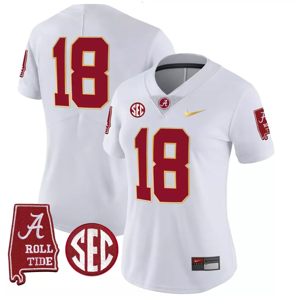 Alabama Crimson Tide 18 Champs White Women's Gold Trim Vapor Jersey | All Stitched Alabama Map | For Men, Women & Youth
