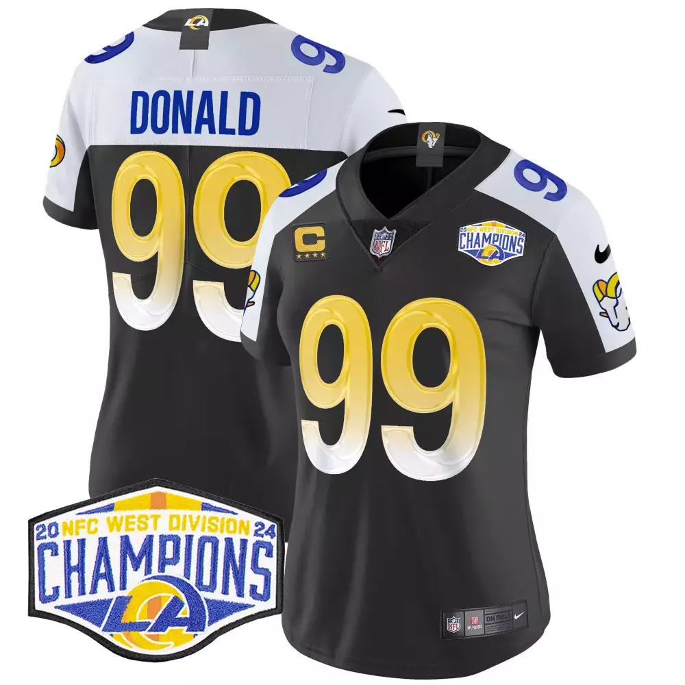 Aaron Donald Black Alternate Women's Los Angeles Rams 2024 NFC West Division Champions Vapor Limited Jersey | All Stitched | Fan Gear for Women
