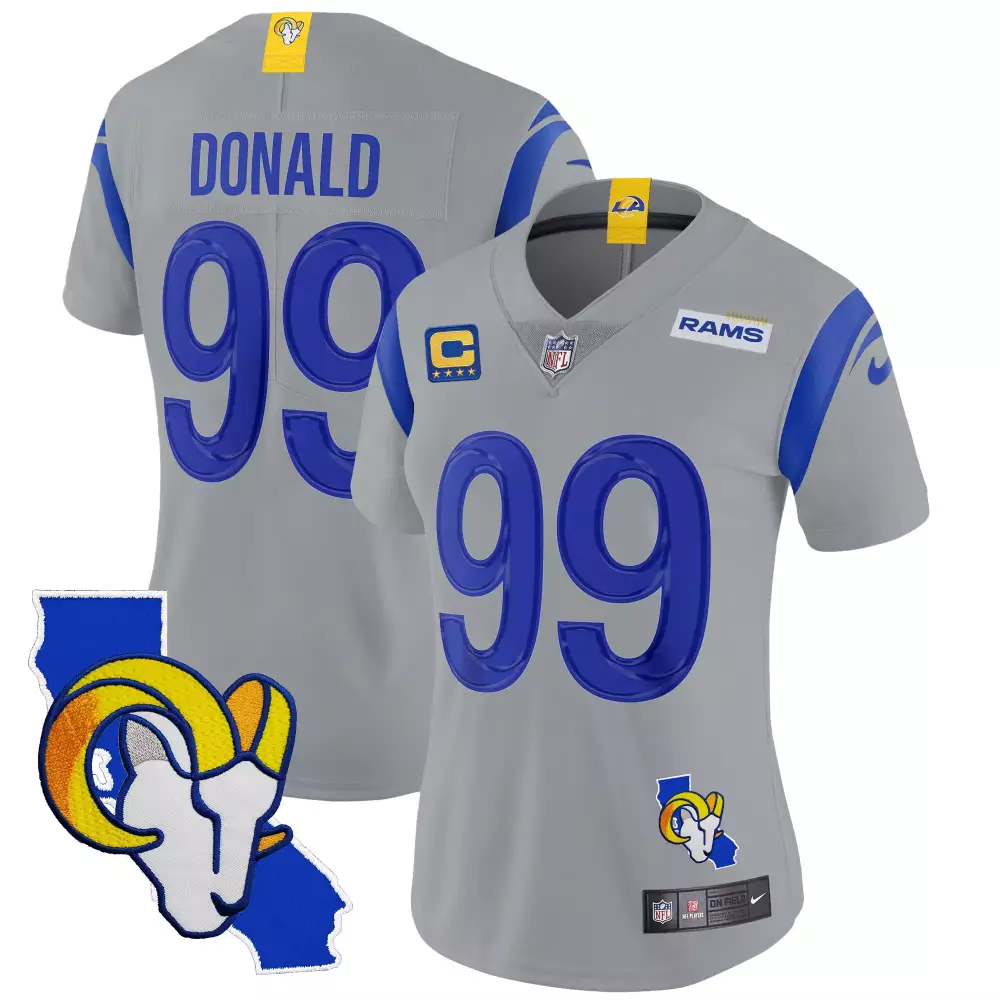 Aaron Donald Gray Women's Los Angeles Rams California Patch Vapor Limited Jersey | All Stitched | Limited Edition | For Men, Women & Youth