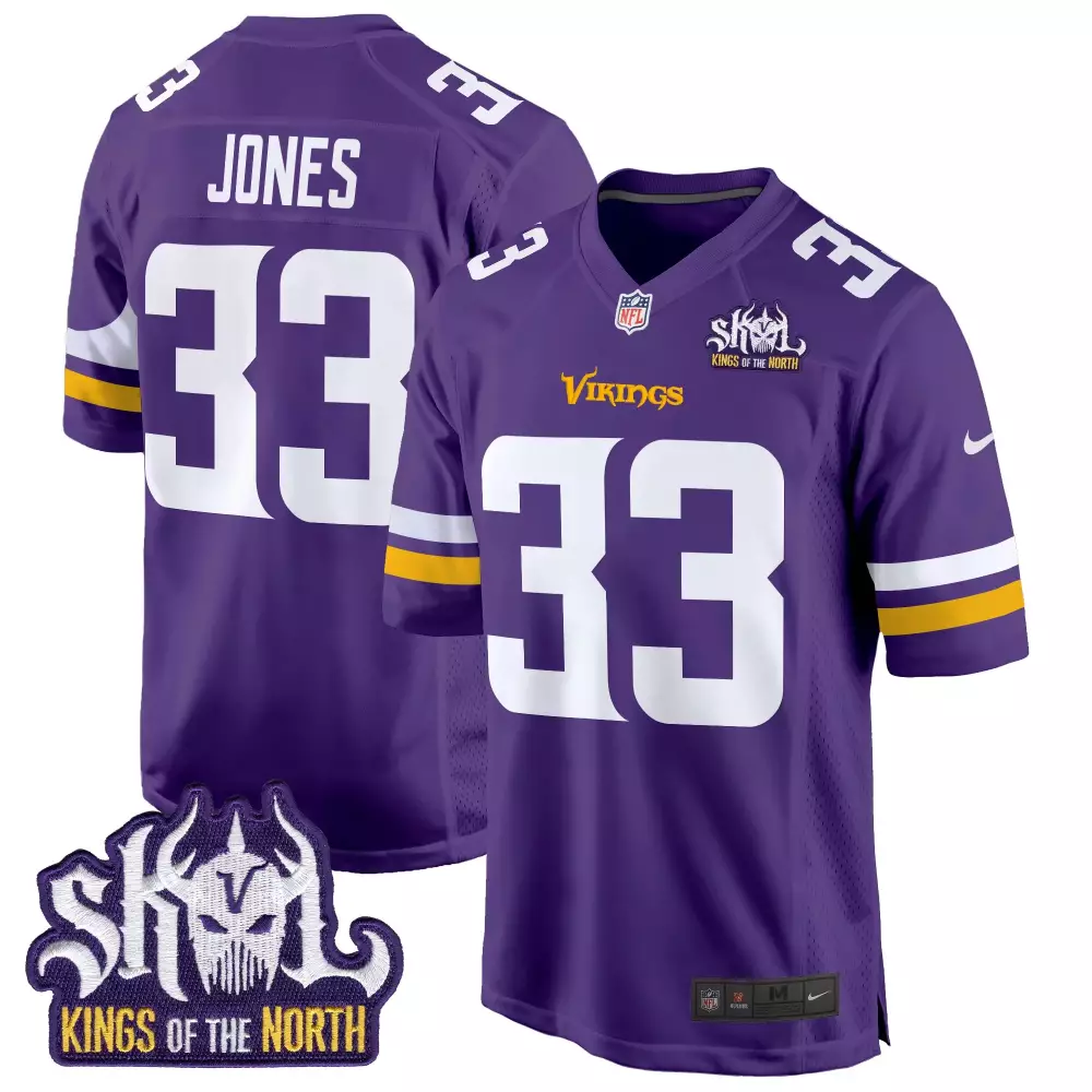 Aaron Jones Minnesota Vikings Purple Game Jersey | King of the North Patch | Stitched Fan Gear | For Men, Women & Youth