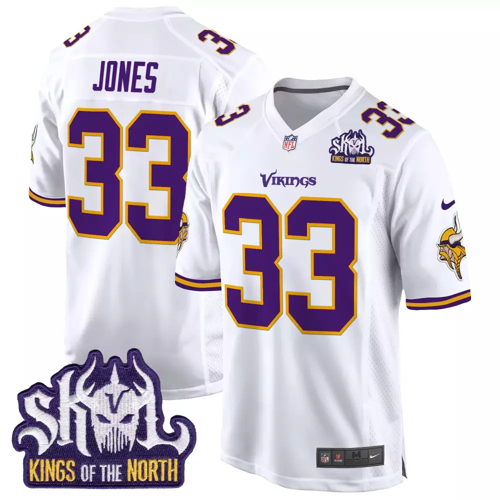 Aaron Jones Minnesota Vikings White Throwback Game Jersey | King of the North Patch | Stitched Fan Gear | For Men, Women & Youth
