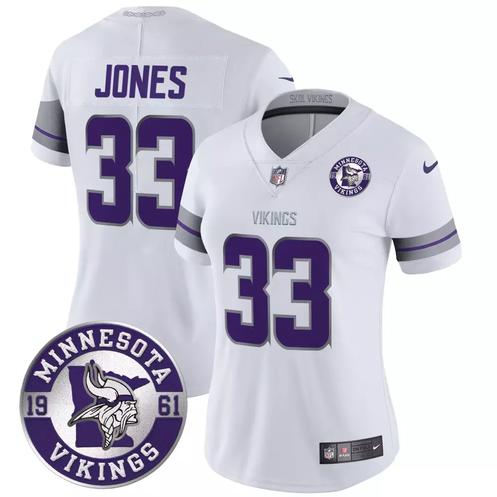 Aaron Jones Minnesota Vikings 2024 Vapor Limited Jersey | White Stitched with Est 1961 Patch | For Women | Fan Gear
