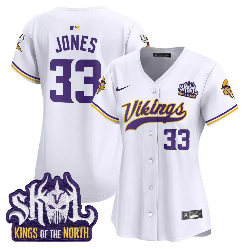 Aaron Jones Minnesota Vikings Kings of the North Patch Vapor Premier Limited Jersey | White Stitched | For Women | Fan Gear