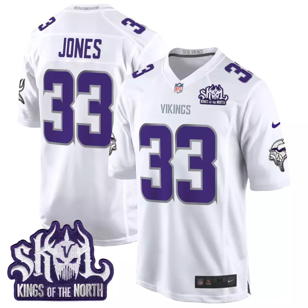Aaron Jones Minnesota Vikings King of the North Patch Game Jersey | Winter Warrior | White Stitched | For Men | Fan Gear