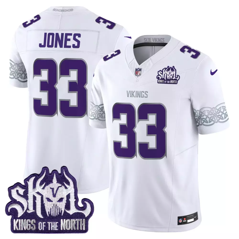 Aaron Jones Minnesota Vikings King of the North Patch Throwback Vapor Limited Jersey V2 | Winter Warrior | White Stitched | For Men | Fan Gear