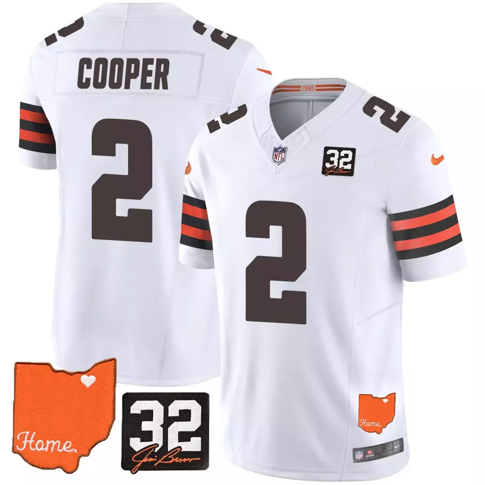 Amari Cooper Cleveland Browns 32 Jim Brown Memorial Home Patch Jersey | Stitched White | Limited Edition Fan Gear | For Men, Women & Youth