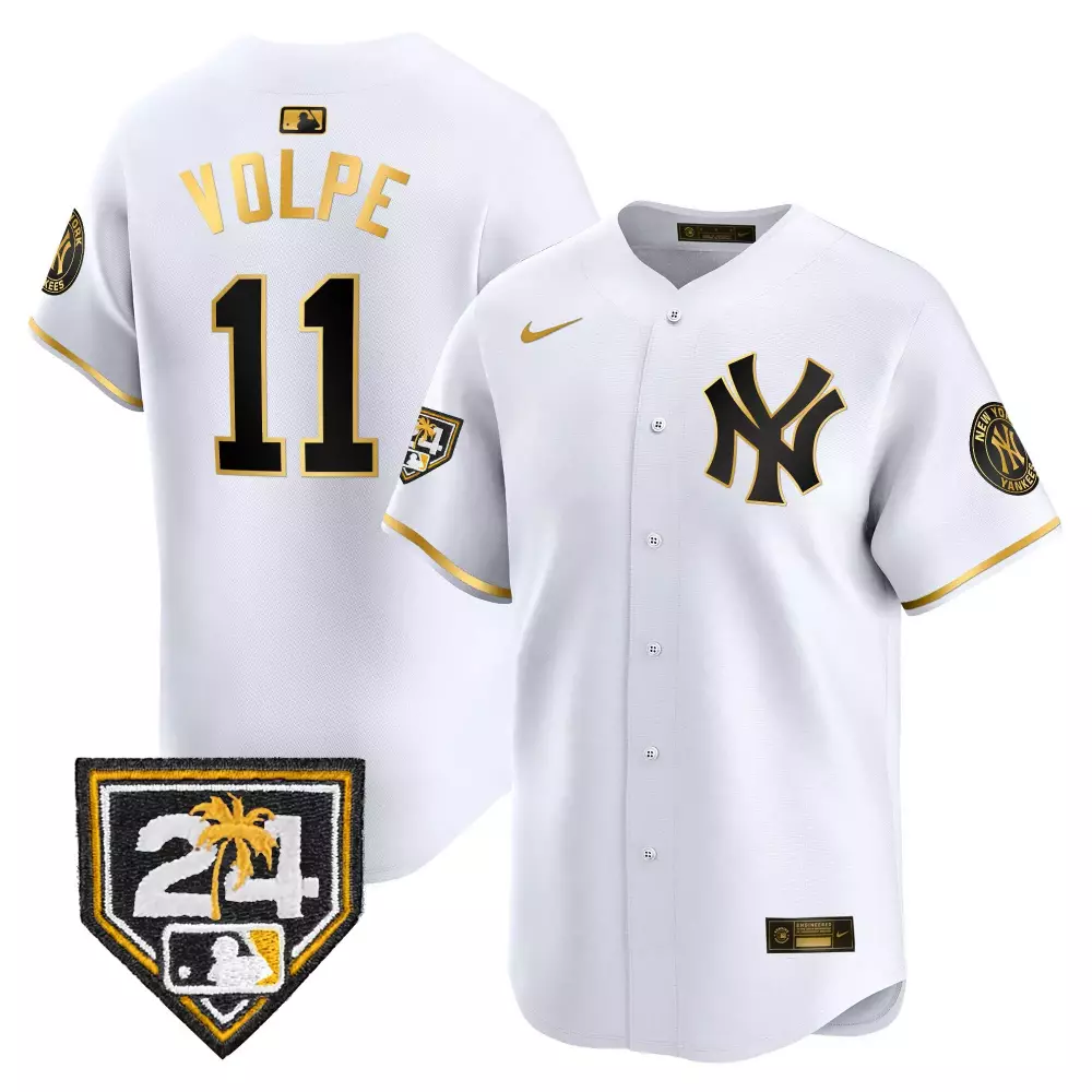 Volpe Yankees 2024 Spring Training Patch Jersey V2 | White Gold Vapor Premier Limited Edition | Fan Gear for Men, Women & Youth