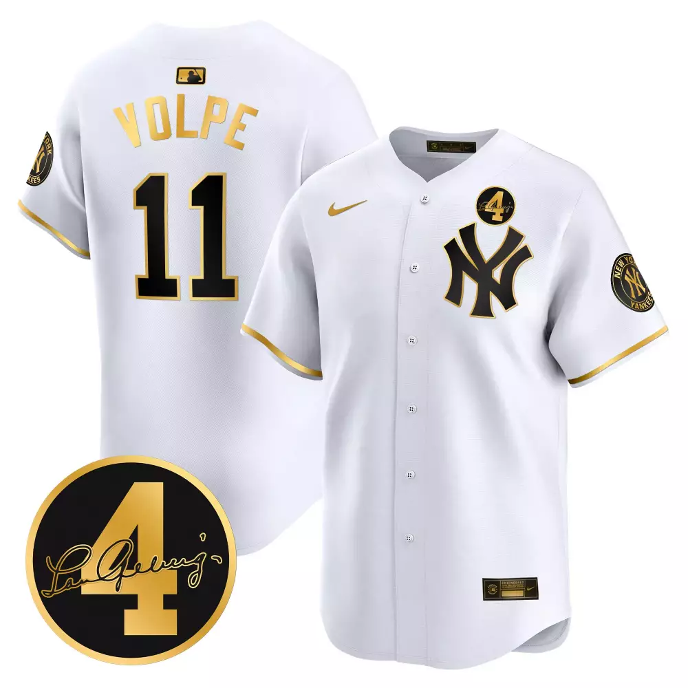 Volpe Yankees Lou Gehrig Patch Jersey | White Gold Vapor Premier Limited Edition | Fan Gear for Men, Women & Youth