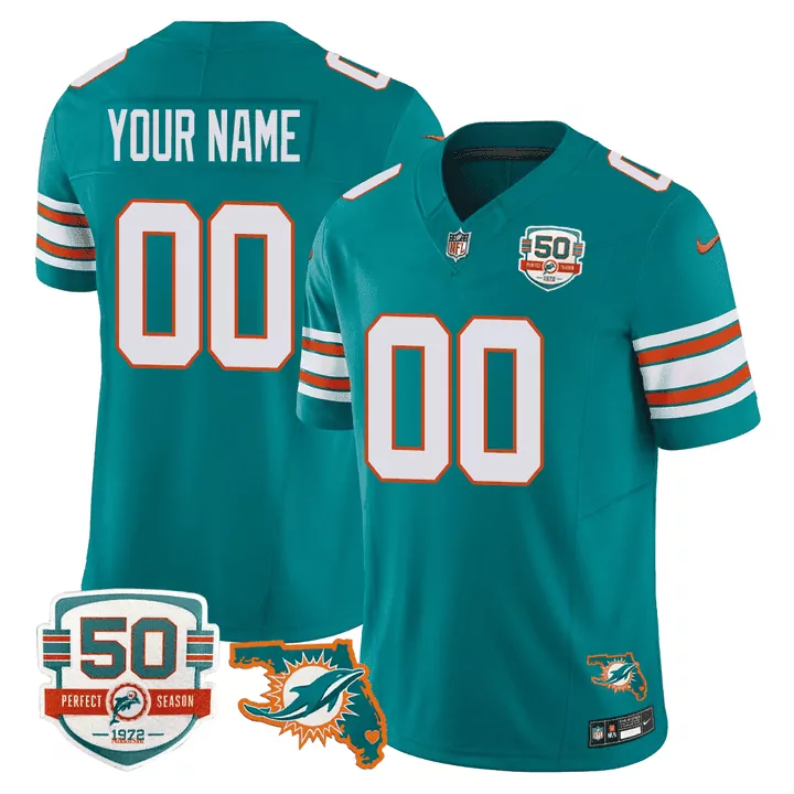 Miami Dolphins Aqua Men's Jersey | Throwback 50th Perfect Season Florida Patch | Custom Stitched Vapor | For Men, Women & Youth