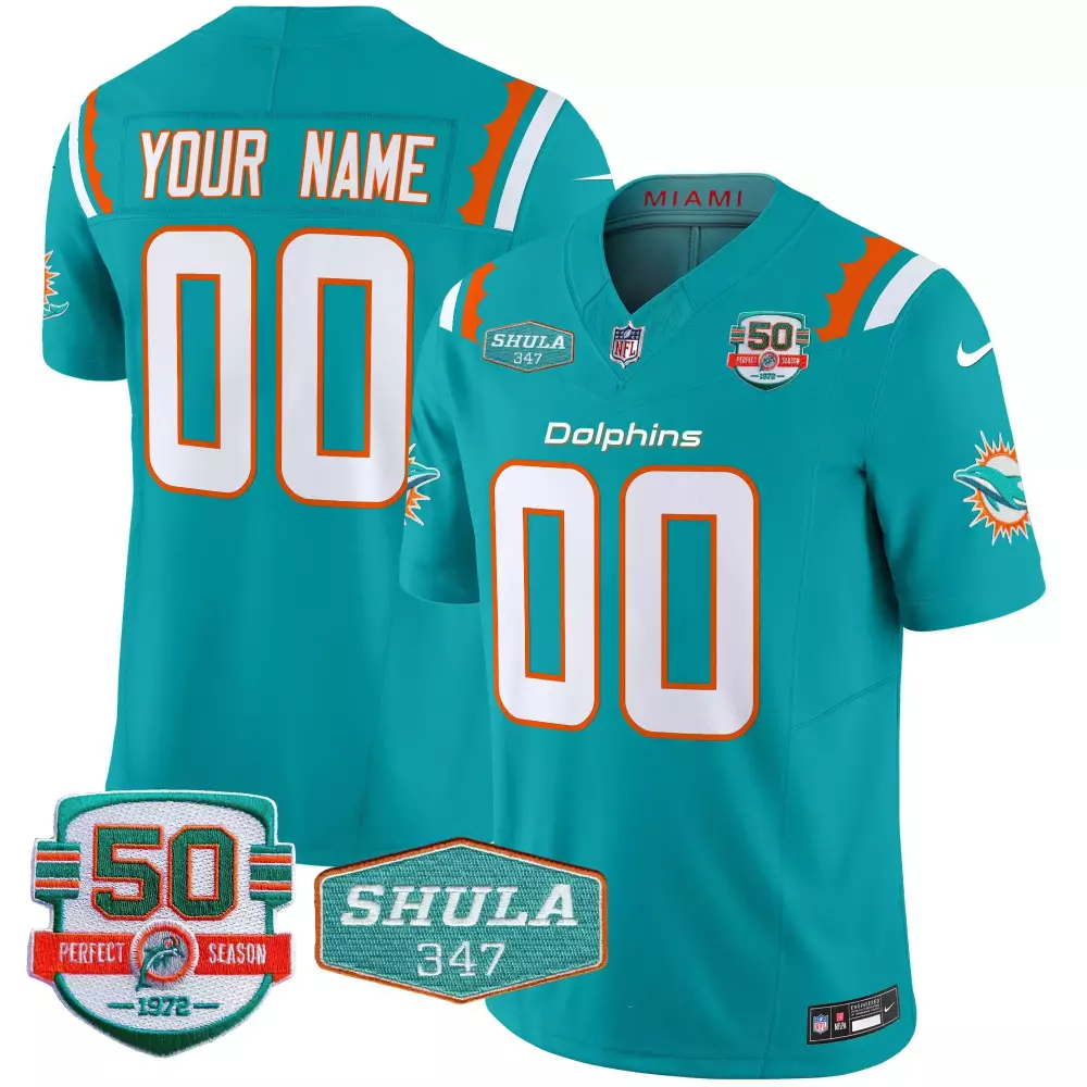 Youth Aqua Miami Dolphins 50th Perfect Season Florida Patch Vapor Custom Jersey | All Stitched Fan Gear | For Youth