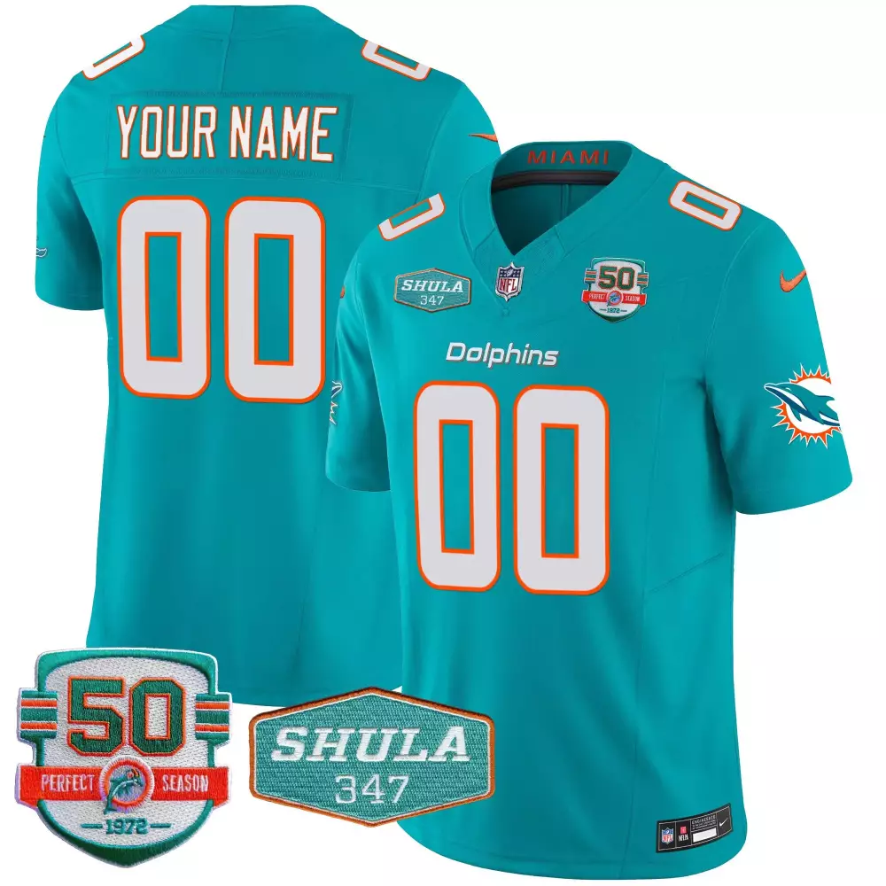 Youth Aqua Miami Dolphins Throwback 50th Perfect Season Florida Patch Vapor Custom Jersey | All Stitched Fan Gear | For Youth
