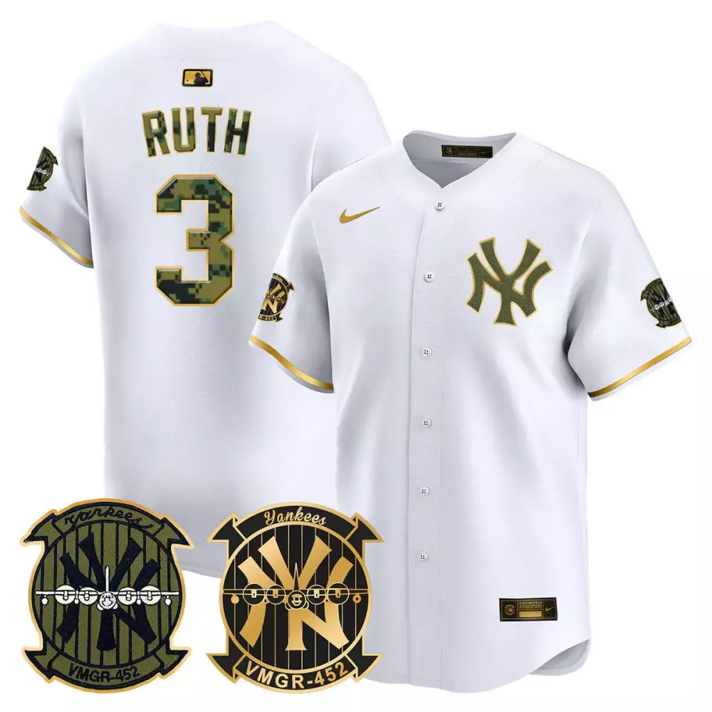 Ruth Yankees Woodland USMC Alternate Vapor Premier Jersey | White Gold | Limited Edition Fan Gear for Men, Women & Youth