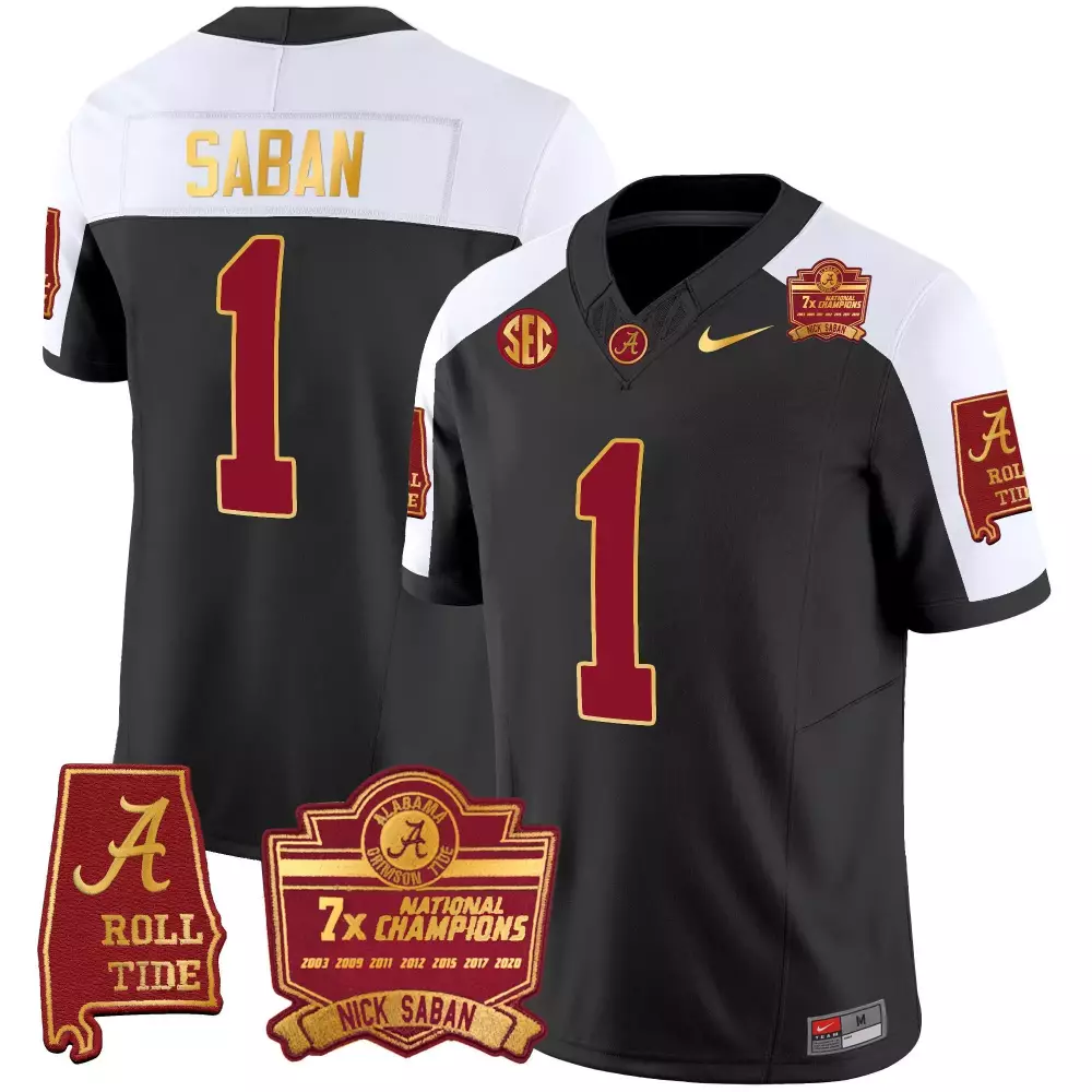 Nick Saban Alabama Crimson Tide Black Alternate Men's 7X Champions Patch Gold Trim Jersey | Stitched Fan Gear for Men, Women & Youth