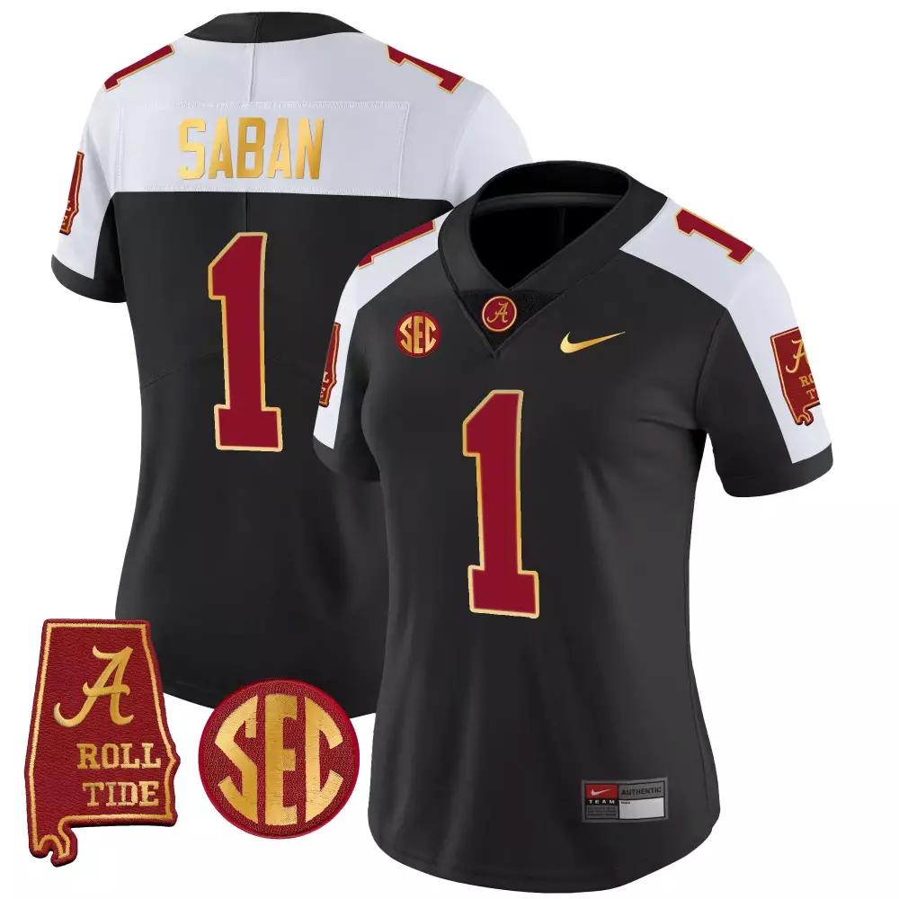 Nick Saban Alabama Crimson Tide Black Alternate Women's Gold Trim Vapor Jersey | Stitched Alabama Map | Gift Idea for Women & Youth