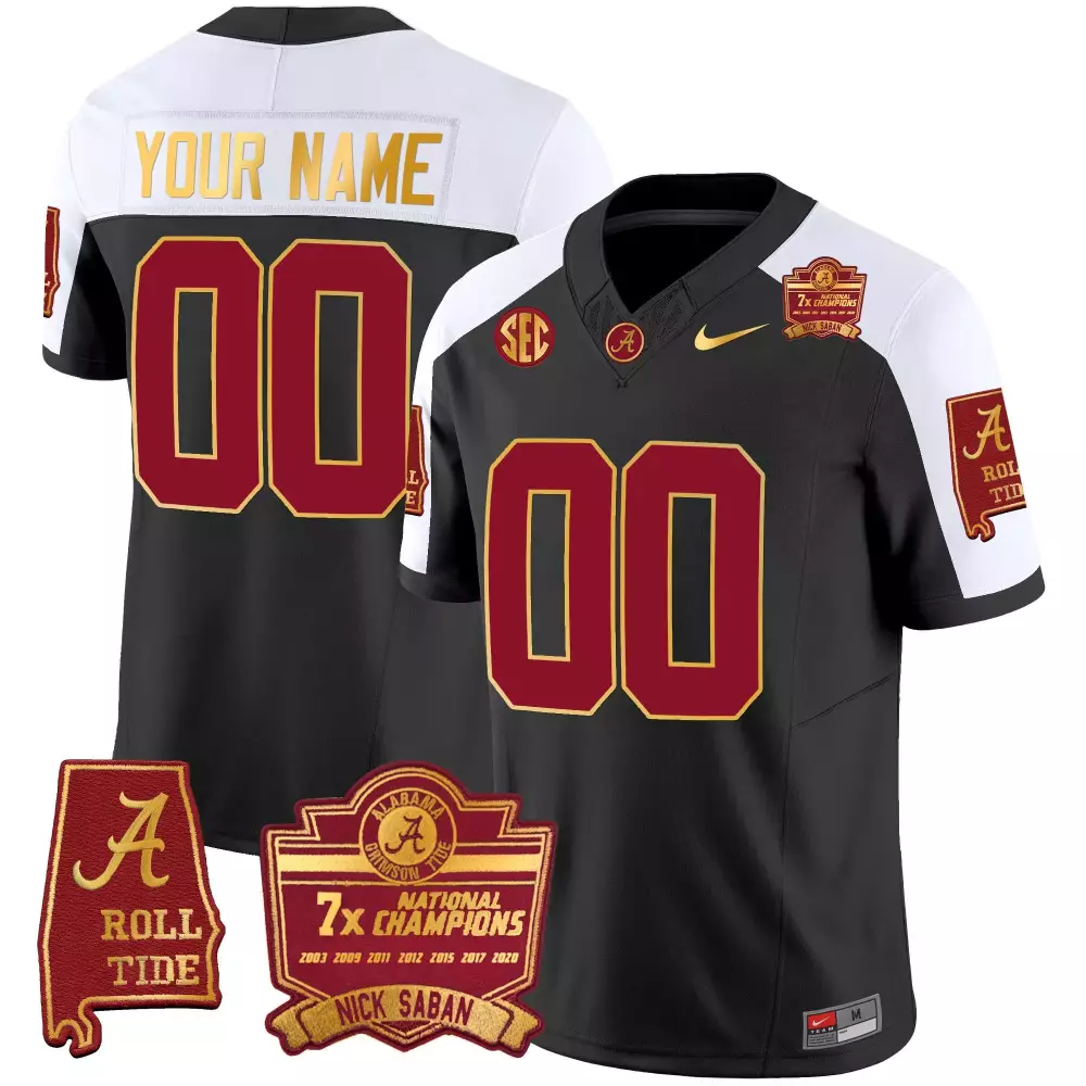 Nick Saban Alabama Crimson Tide Black Alternate Youth 7x Champions Patch Gold Trim Custom Jersey | Stitched | Fan Gear for Youth