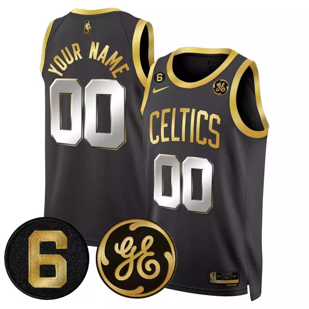 Boston Celtics Bill Russell & John Havlicek Patch Black Gold Custom Jersey | All Stitched Fan Gear | For Men, Women & Youth
