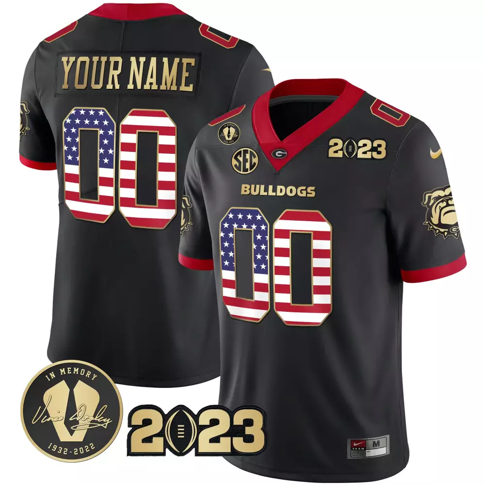Black Gold Trim Men's Georgia Bulldogs 2023 Champions Flag Custom Jersey | All Stitched Style | Fan Gear for Men, Women & Youth
