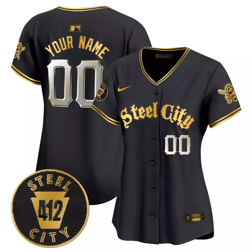 Black Gold Women's Pittsburgh Pirates 412 Patch Vapor Premier Limited Custom Jersey | V5 All Stitched | Game Day Outfit | For Men, Women & Youth