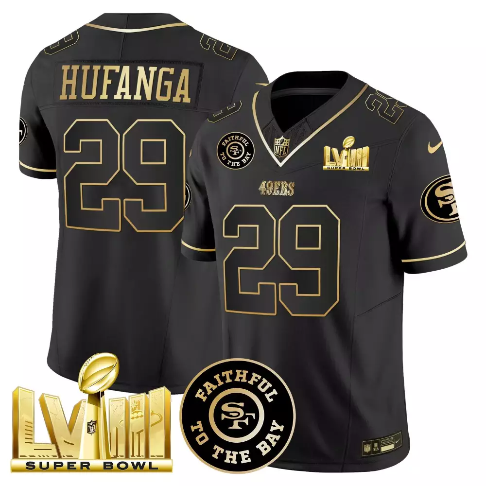 Talanoa Hufanga San Francisco 49ers Black Jersey | Faithful Super Bowl LVIII Gold Patch | Vapor Style for Men, Women & Youth