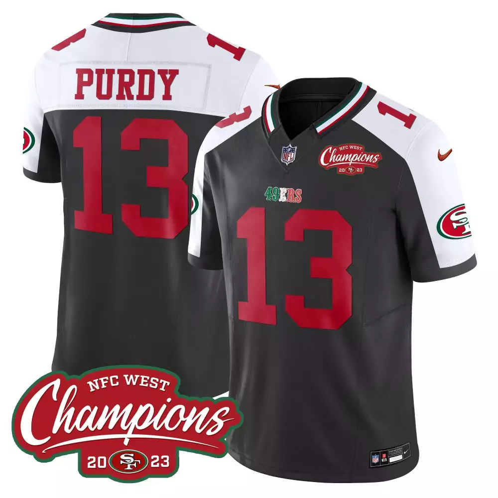 Men's Black White Brock Purdy San Francisco 49ers Mexico 2023 NFC West Champions Patch Jersey | For Men, Women & Youth