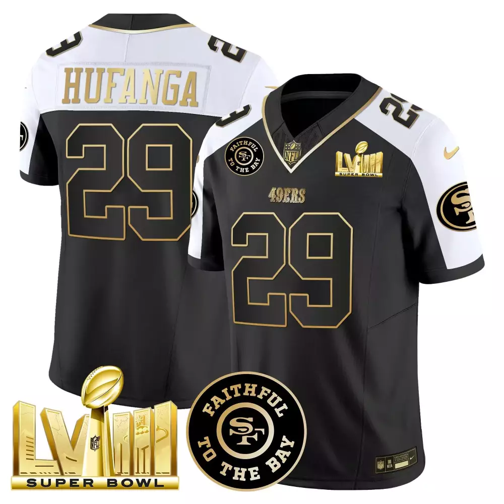 Talanoa Hufanga San Francisco 49ers Black White Jersey | Faithful Super Bowl LVIII Gold Patch | Vapor Style for Men, Women & Youth