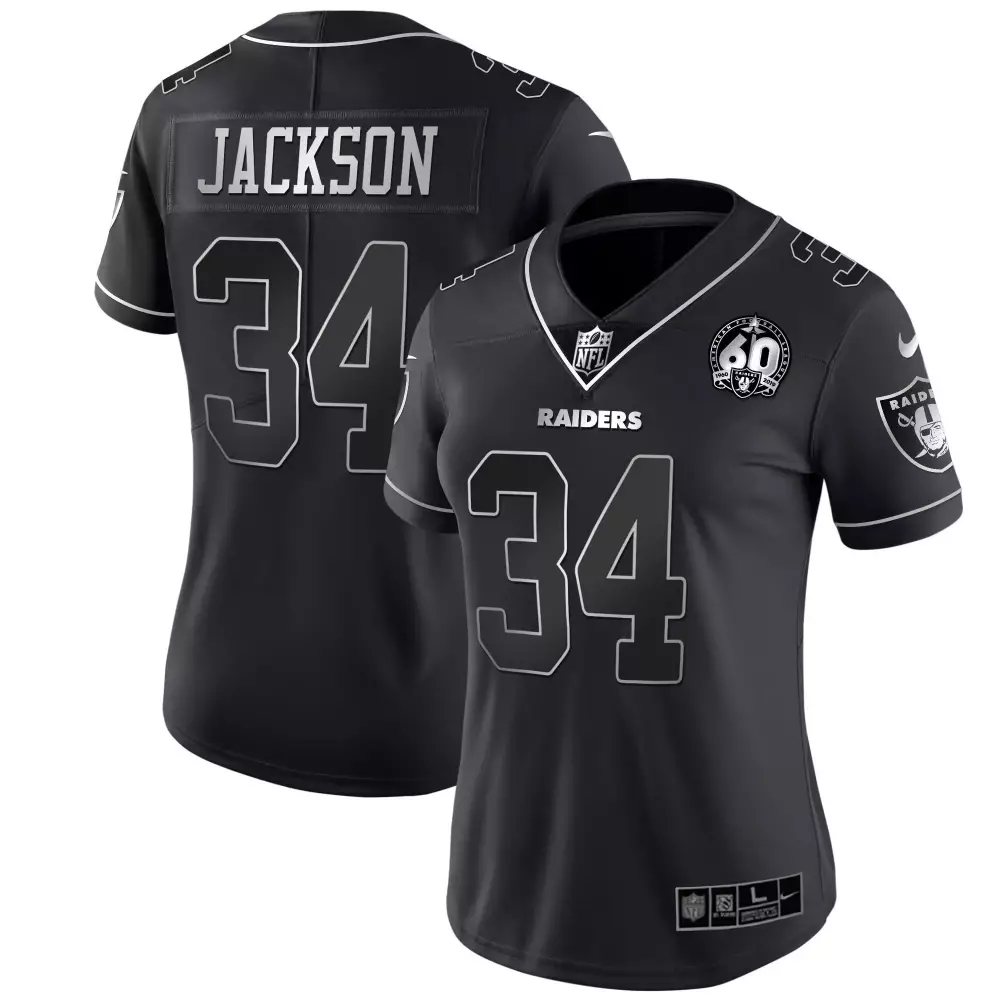 Bo Jackson Las Vegas Raiders Women's Black Silver 60th Season Patch Gold Split Jersey | Stitched Fan Gear | For Men, Women & Youth
