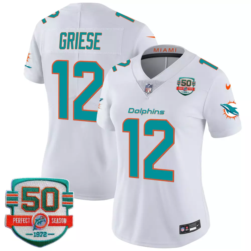 Bob Griese Miami Dolphins White Women's 50th Perfect Season Patch Vapor Jersey | Stitched Style | Fan Gear for Women & Youth
