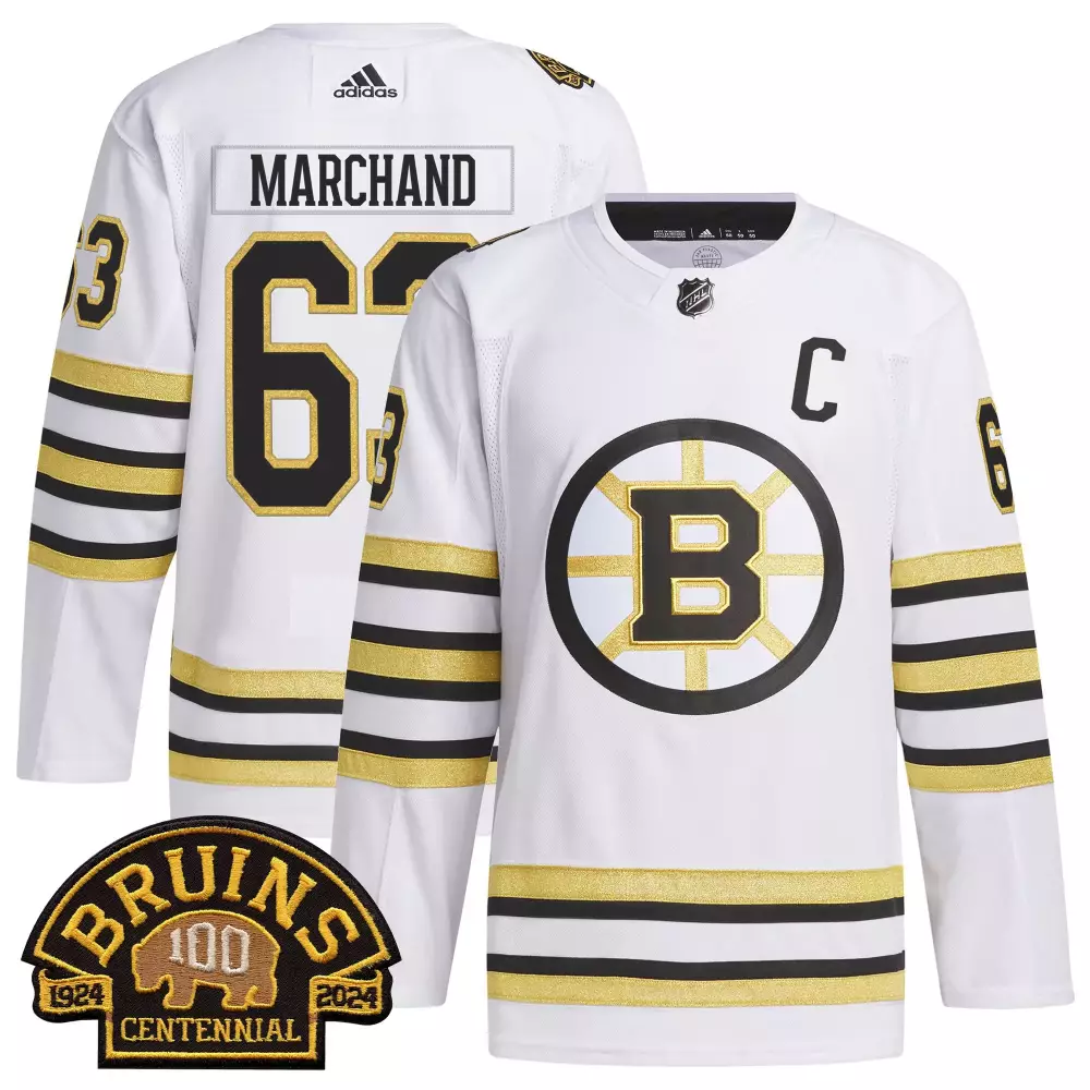 Brad Marchand White Men's Boston Bruins 100 BB Centennial Patch Primegreen Jersey | All Stitched | For Men, Women & Youth