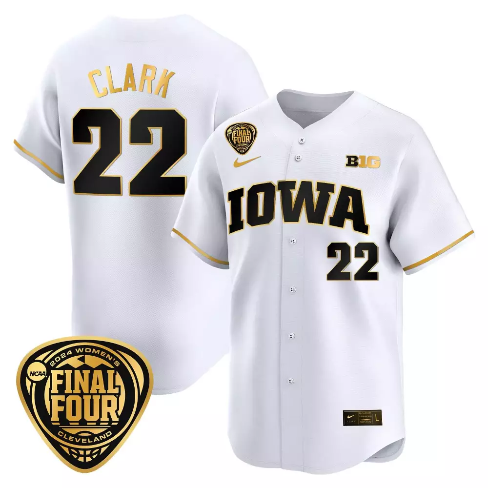Caitlin Clark Iowa Hawkeyes White Gold 2024 Final Four Baseball Jersey | Stitched Fan Gear for Women & Youth