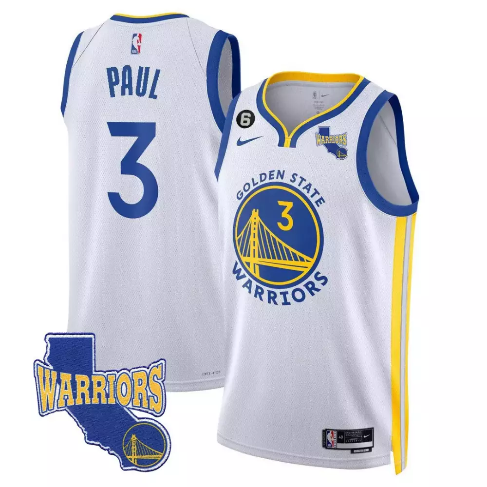 Paul Golden State Warriors 2023-24 Association White Jersey | All Stitched California State Patch | For Men, Women & Youth