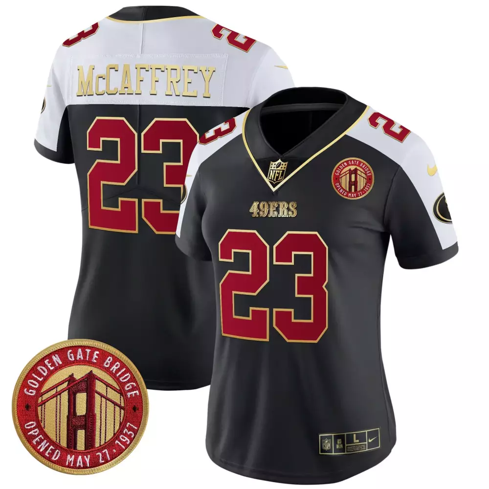 Christian McCaffrey 49ers Women's Black Alternate Jersey | Golden Gate Bridge Patch | Vapor Limited Edition Fan Gear | For Men, Women & Youth