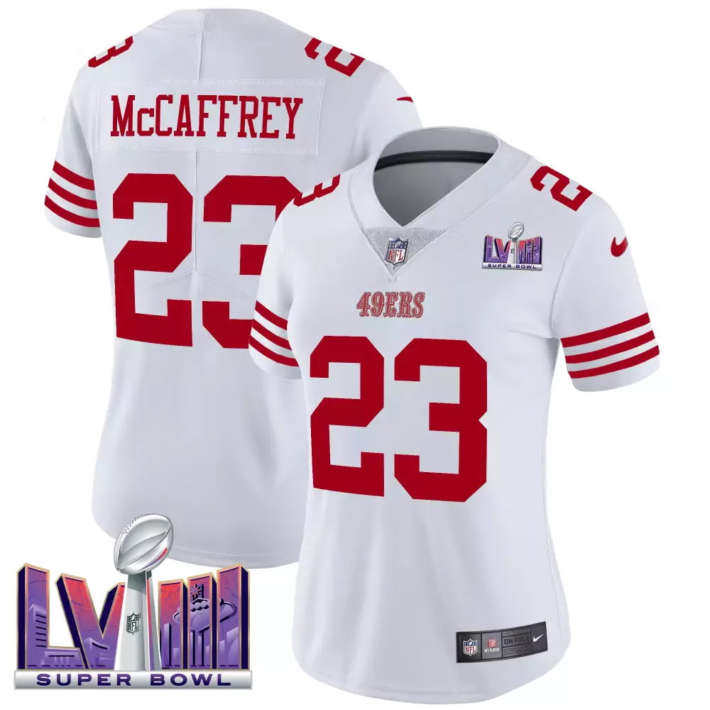 Christian McCaffrey White Women's 49ers Vapor Limited Jersey | Super Bowl LVIII Patch | Game Day Outfit | For Men, Women & Youth