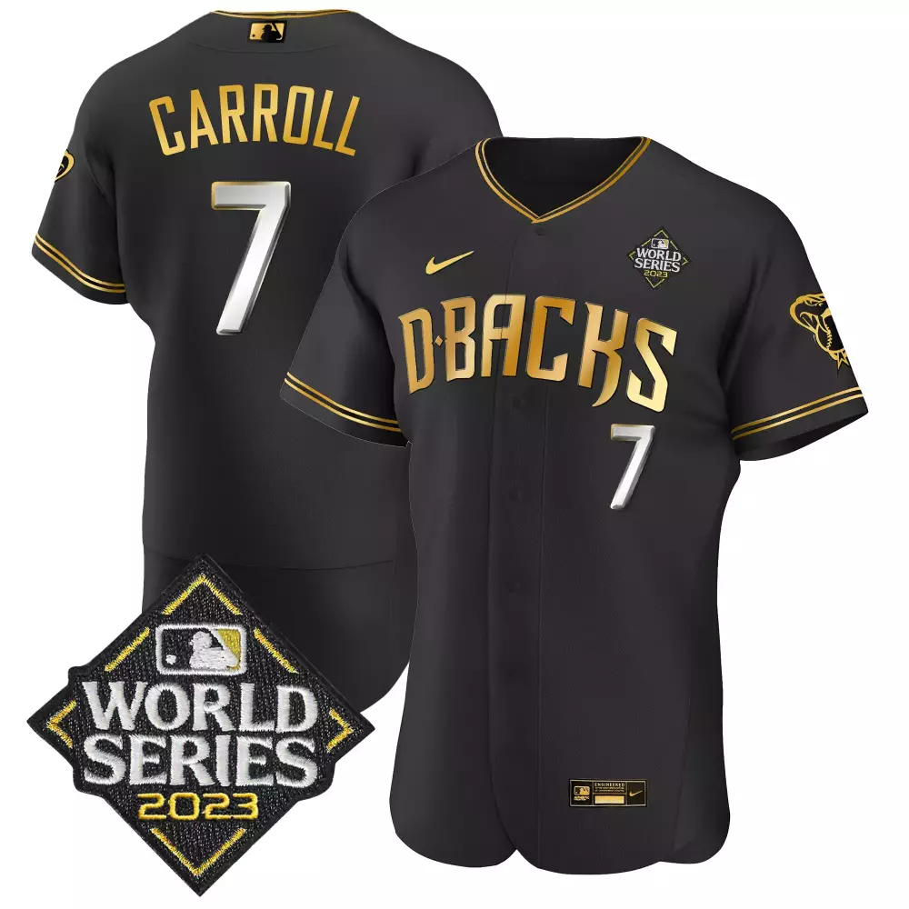 Corbin Carroll Black Limited Men's Arizona Diamondbacks 2023 World Series Flex Base Gold Jersey V2 | All Stitched | Fan Gear for Men