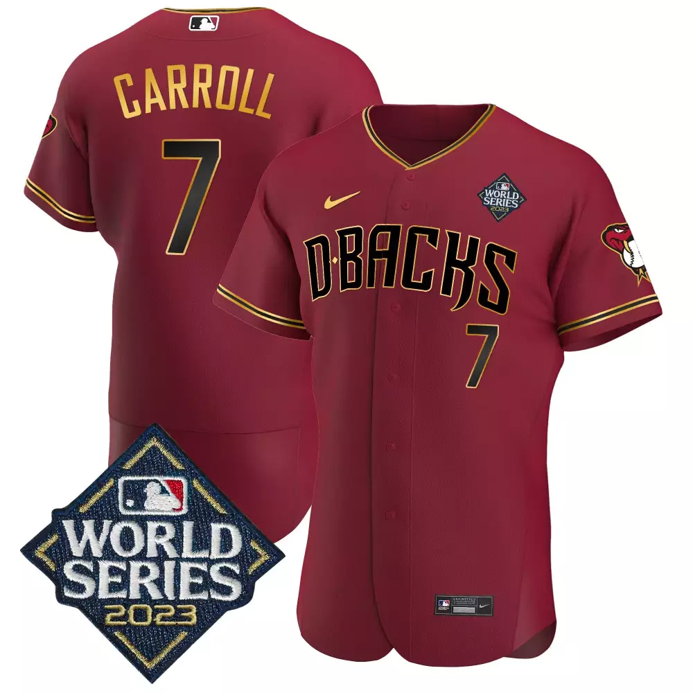Corbin Carroll Arizona Diamondbacks 2023 World Series Flex Base Gold Jersey V2 | Stitched Fan Gear | For Men, Women & Youth