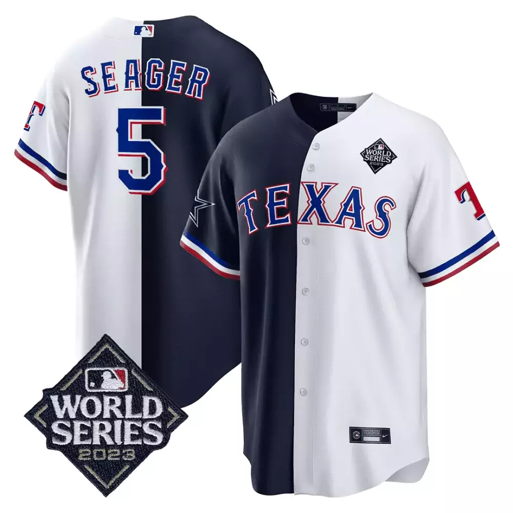 Custom Texas Rangers Cowboys  World Series 2023 Corey Seager White Split Patch Cool Base All Stitched Jersey – Navy Blue