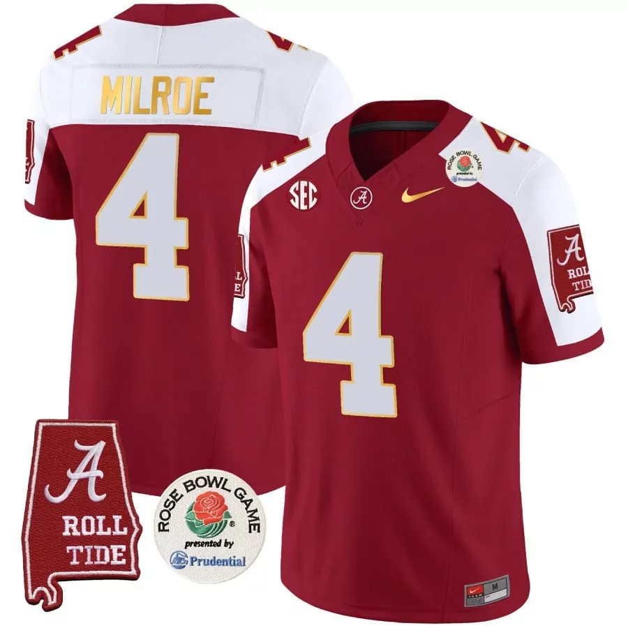 Men's Jalen Milroe Crimson Alternate Alabama Crimson Tide Rose Bowl Patch Gold Trim Vapor Limited Jersey | Stitched Fan Gear | For Men, Women & Youth