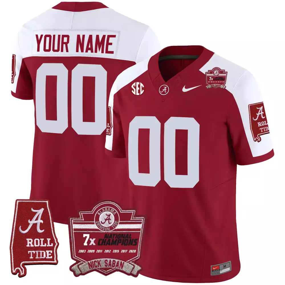 Nick Saban Alabama Crimson Tide 7x Champions Patch Vapor Custom Jersey | Stitched Crimson Alternate Style | For Men, Women & Youth