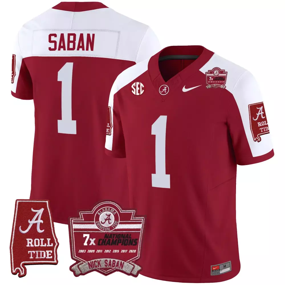 Nick Saban Alabama Crimson Tide 7x Champions Patch Vapor Jersey | Stitched Crimson Alternate Style | Perfect Fan Gear for Men, Women & Youth