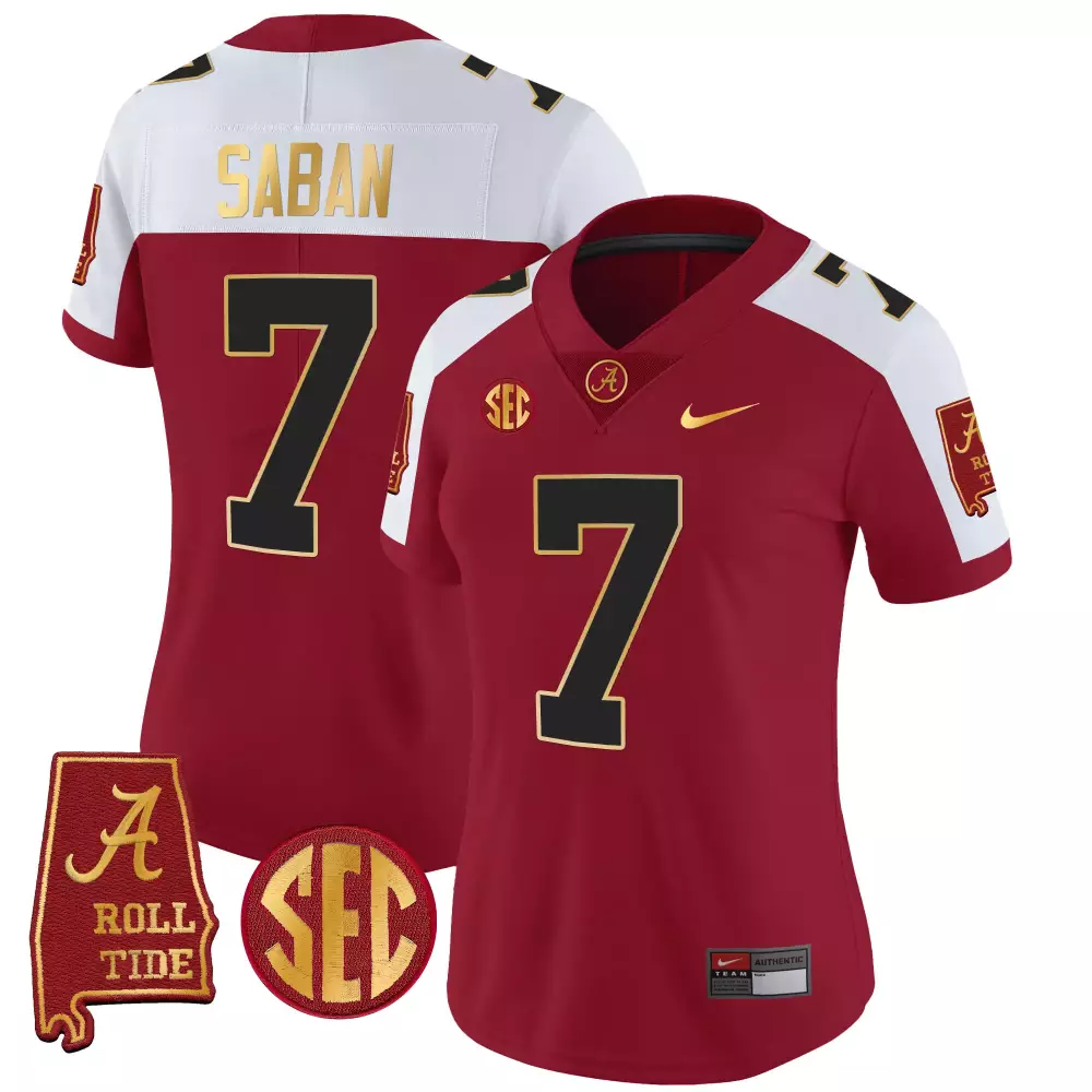 Nick Saban Alabama Crimson Tide 7 Champions Gold Trim Vapor Jersey | Stitched Crimson Alternate Style for Women | Perfect Gift Idea